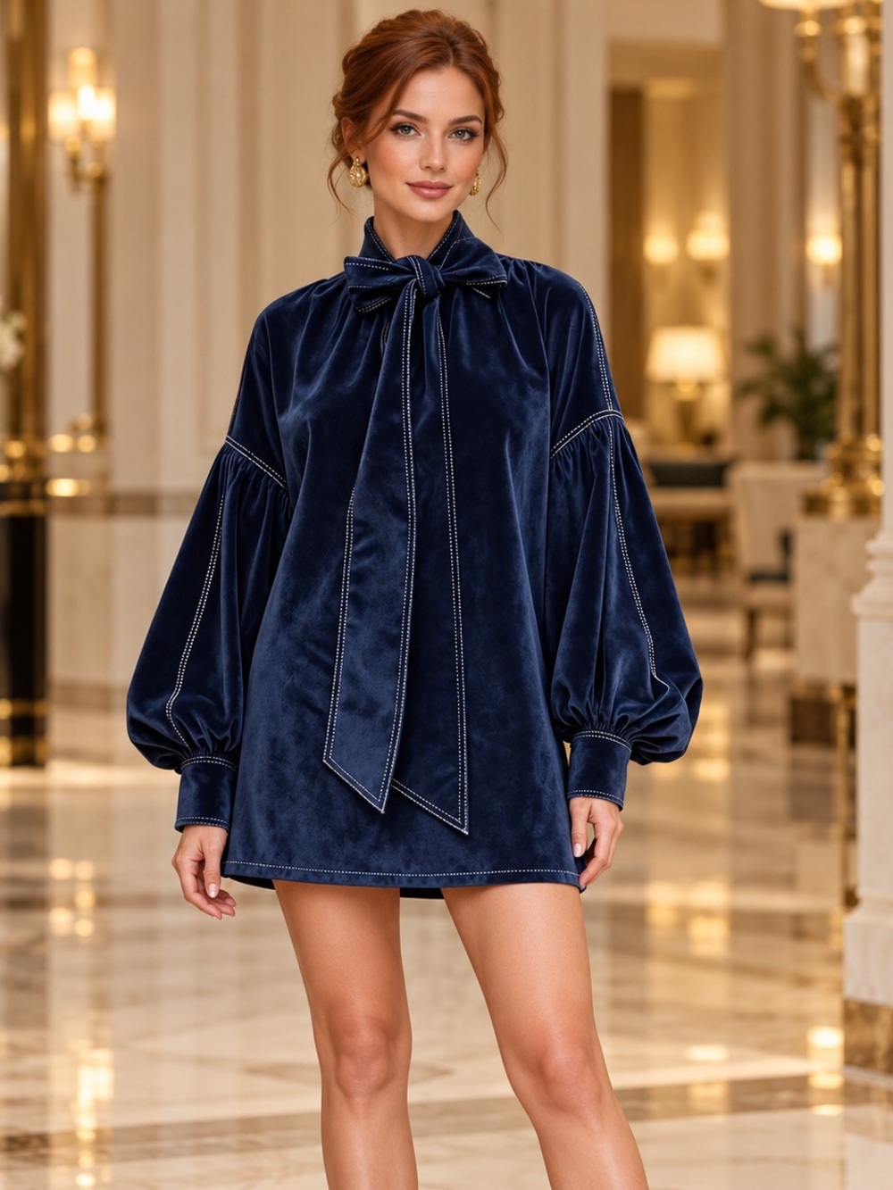 Navy Blue Velvet Bow Neck Balloon Sleeve Tunic Mini Dress | Large | L | NWT